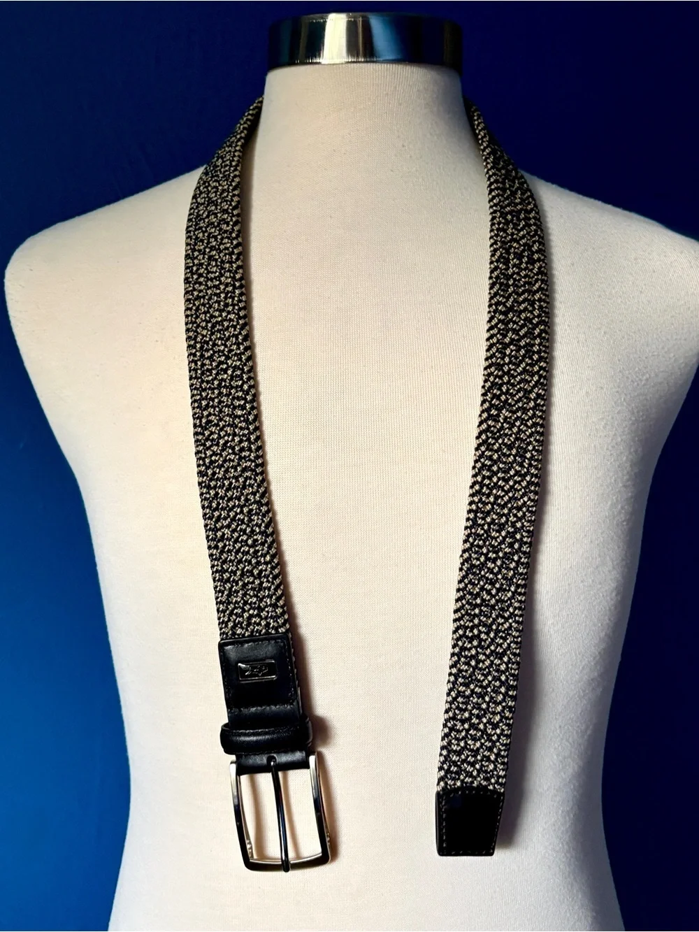 Greg Norman Blue Grey Stretch Belt 34 Black Leather Silver Buckle Logo Golf